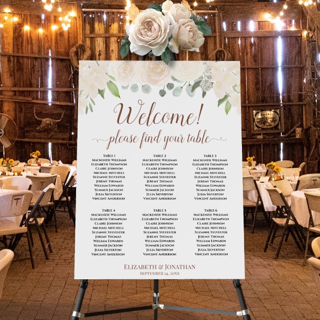 Welcome! 6 Table Champagne Roses Seating Chart Foam Board (In Situ on Stand at Reception)