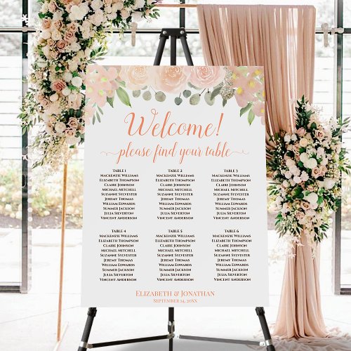 Welcome 6 Table Coral Peach Roses Seating Chart Foam Board