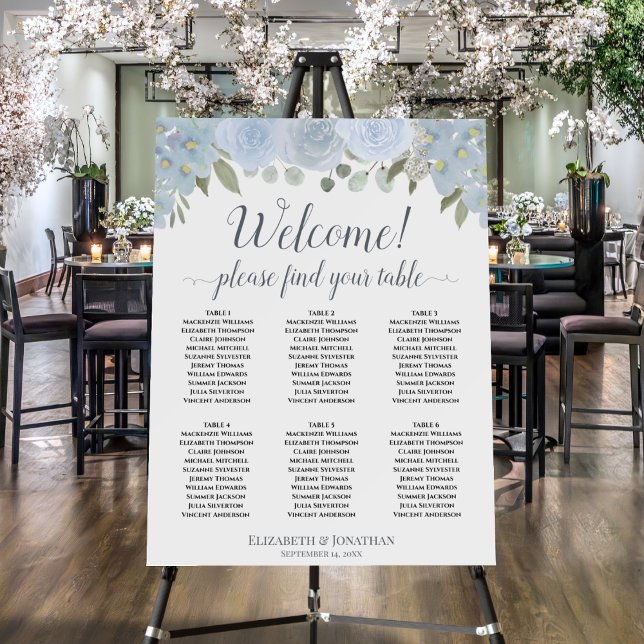 Welcome! 6 Table Dusty Blue Floral Seating Chart Foam Board (In Situ on Stand at Reception)