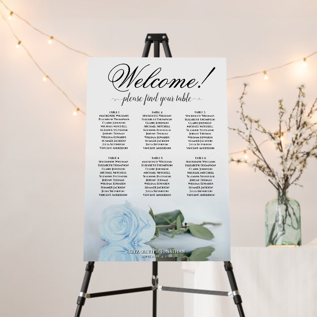 Welcome! 6 Table Dusty Blue Rose Seating Chart Foam Board (In Situ (Stand))