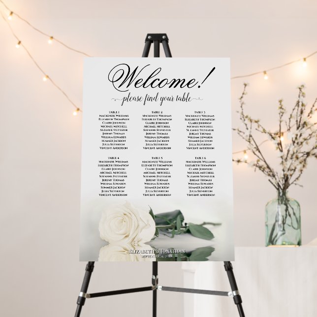 Welcome! 6 Table Elegant White Rose Seating Chart Foam Board (In Situ (Stand))