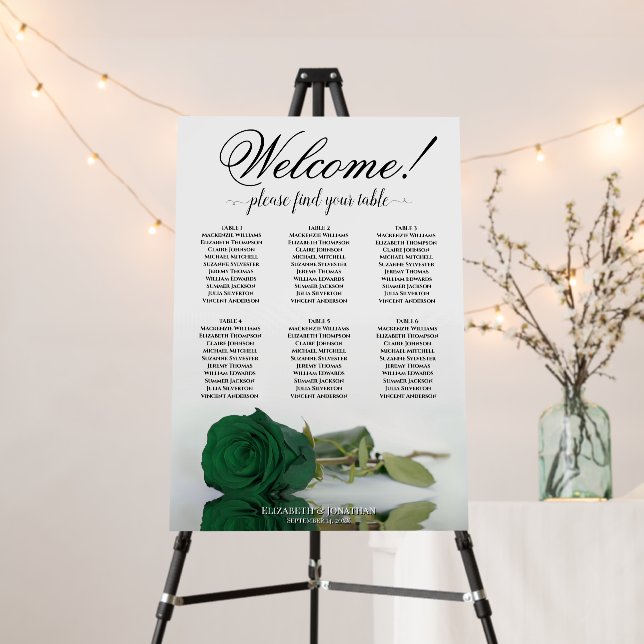 Welcome! 6 Table Emerald Green Rose Seating Chart Foam Board (In Situ (Stand))