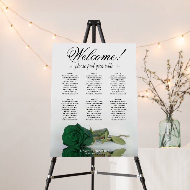 Welcome! 6 Table Emerald Green Rose Seating Chart Foam Board (In Situ (Stand))