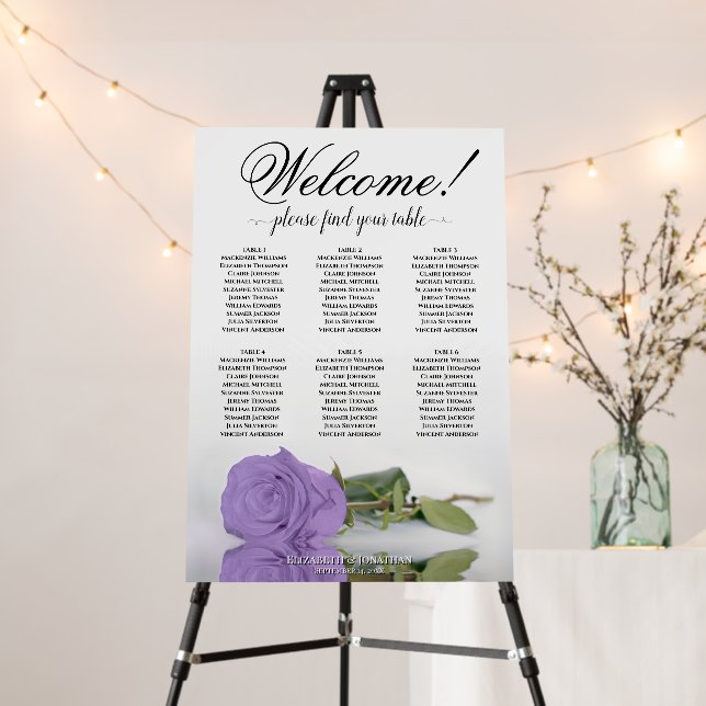 Welcome 6 Table Lavender Purple Rose Seating Chart Foam Board (In Situ (Stand))