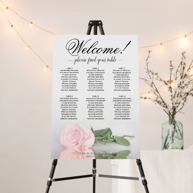 Welcome! 6 Table Pink Rose Wedding Seating Chart Foam Board (In Situ (Stand))