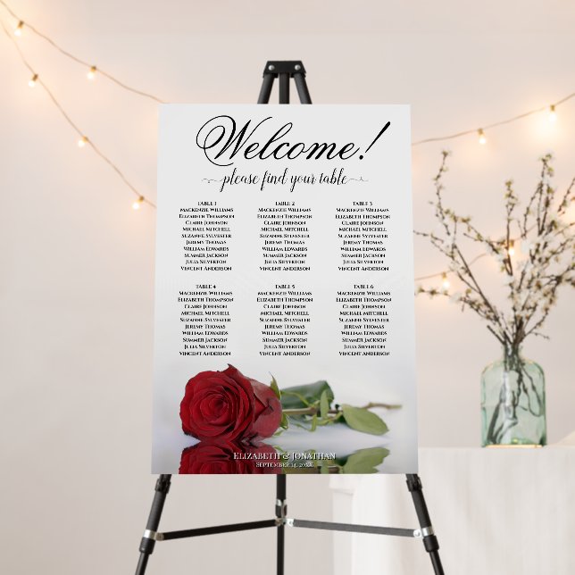 Welcome! 6 Table Red Rose Wedding Seating Chart Foam Board (In Situ (Stand))