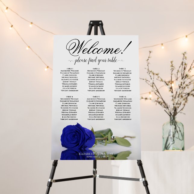 Welcome! 6 Table Royal Blue Rose Seating Chart Foam Board (In Situ (Stand))