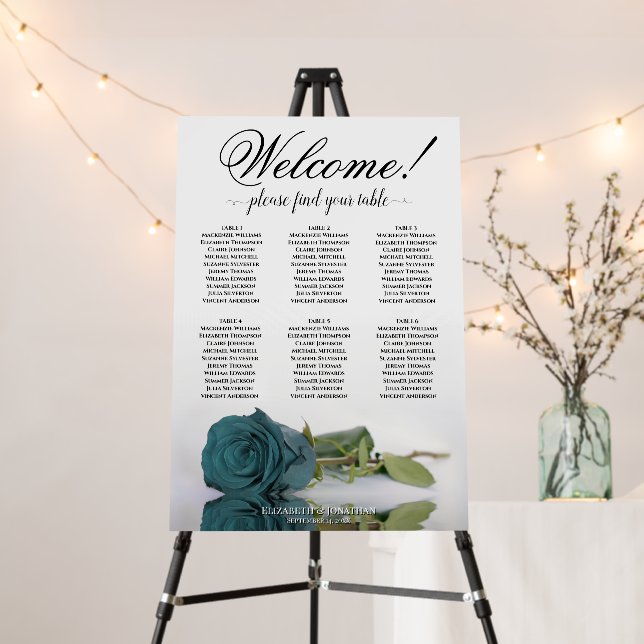 Welcome! 6 Table Teal Rose Wedding Seating Chart Foam Board (In Situ (Stand))