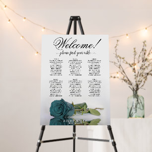 Welcome! 6 Table Teal Rose Wedding Seating Chart Foam Board
