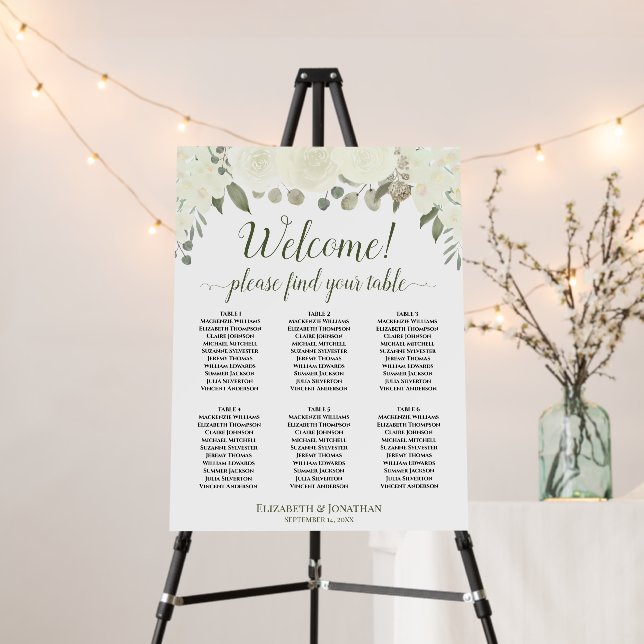 Welcome! 6 Table White Roses Boho Seating Chart Foam Board (In Situ (Stand))
