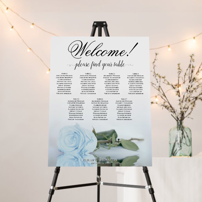 Welcome! 7 Table Dusty Blue Rose Seating Chart Foam Board (In Situ (Stand))