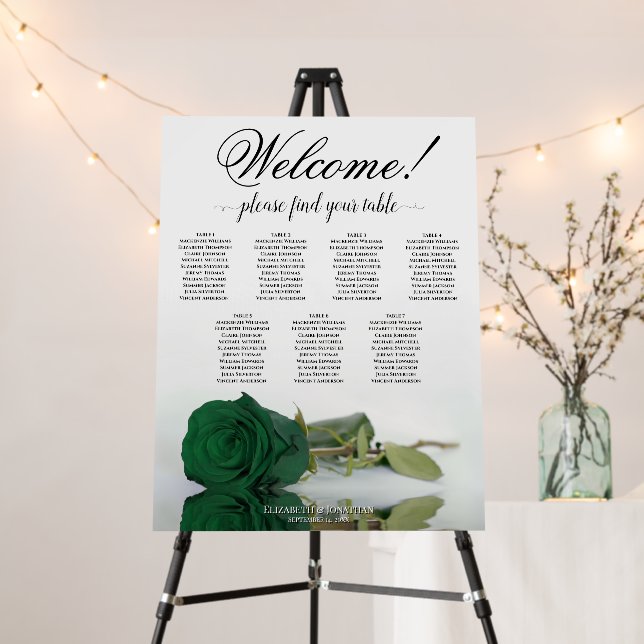 Welcome! 7 Table Emerald Green Rose Seating Chart Foam Board (In Situ (Stand))