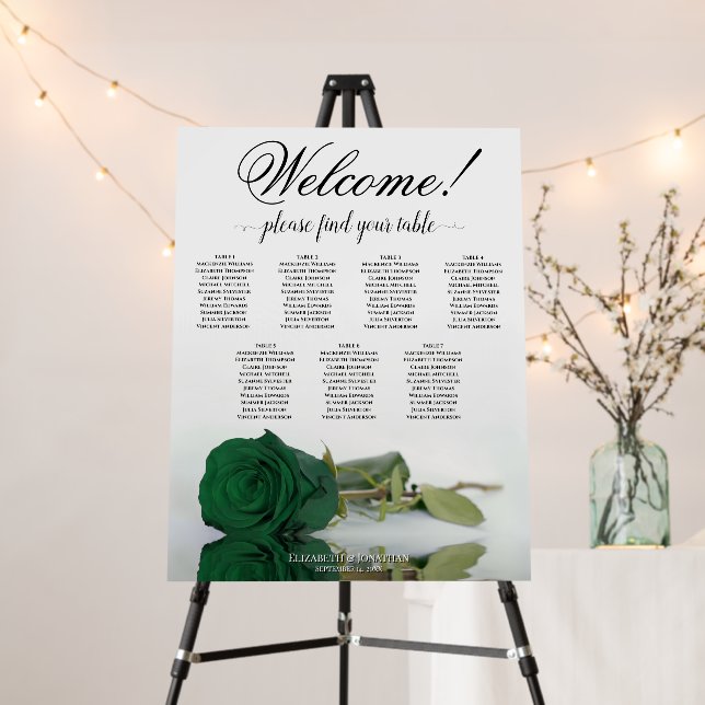 Welcome! 7 Table Emerald Green Rose Seating Chart Foam Board (In Situ (Stand))