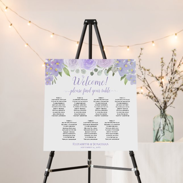 Welcome! 7 Table Lavender Roses Boho Seating Chart Foam Board (In Situ (Stand))