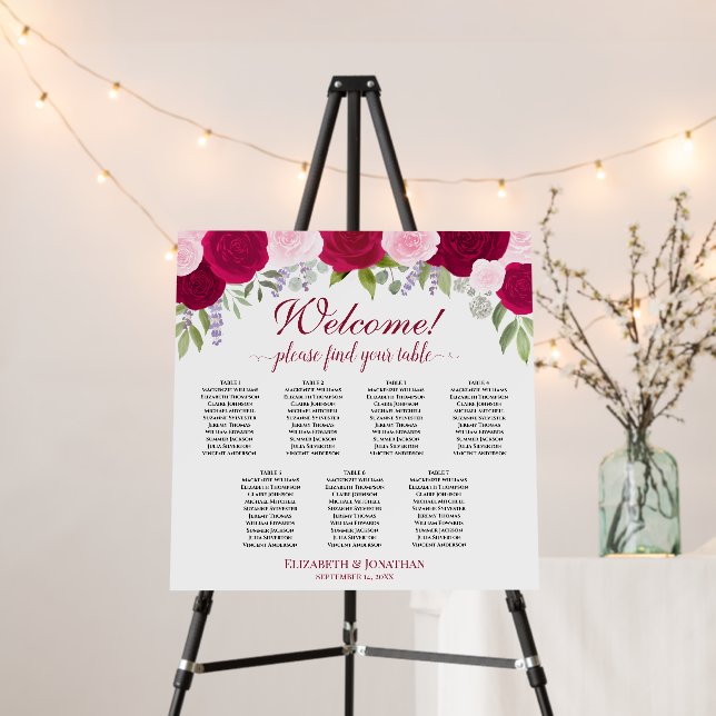 Welcome! 7 Table Magenta Pink Roses Seating Chart Foam Board (In Situ (Stand))