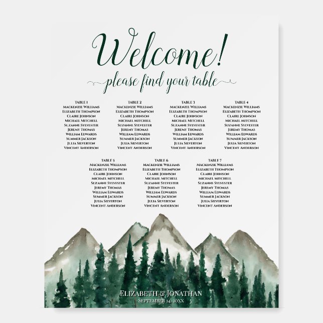 Welcome! 7 Table Mountains & Pine Seating Chart Foam Board (Front)