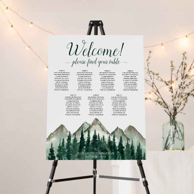 Welcome! 7 Table Mountains & Pine Seating Chart Foam Board (In Situ (Stand))