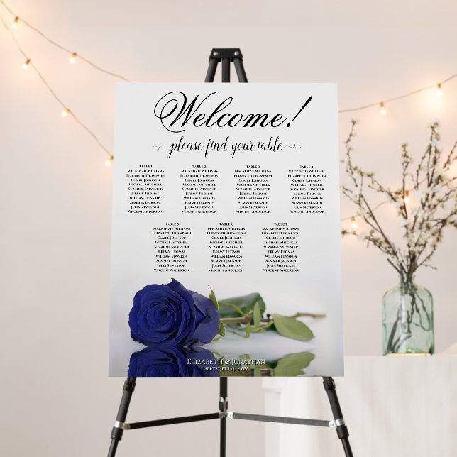 Welcome! 7 Table Navy Blue Rose Seating Chart Foam Board (In Situ (Stand))