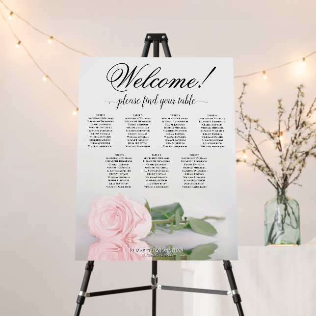 Welcome! 7 Table Pink Rose Wedding Seating Chart Foam Board (In Situ (Stand))