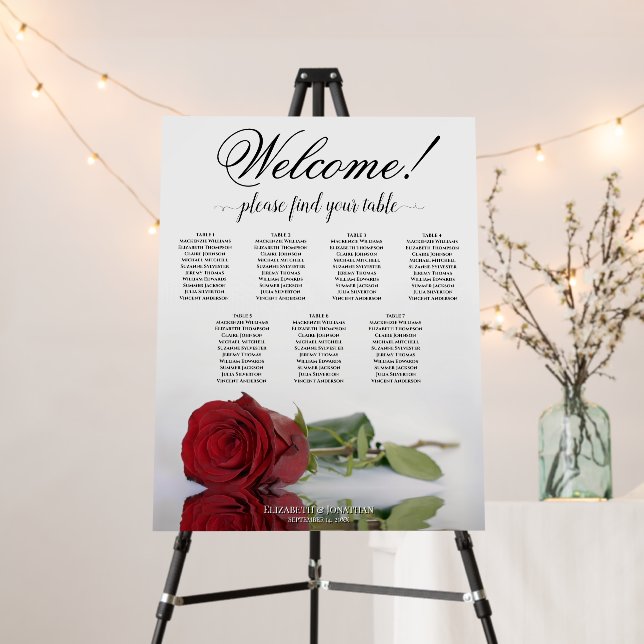 Welcome! 7 Table Red Rose Wedding Seating Chart Foam Board (In Situ (Stand))