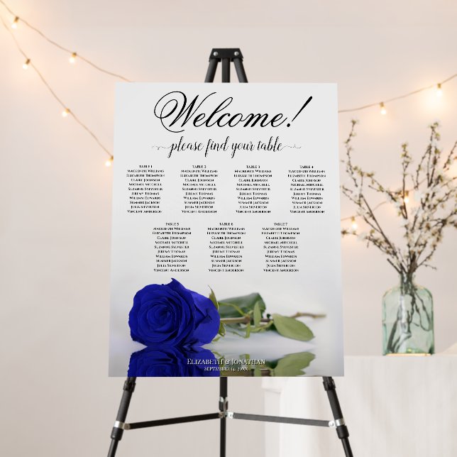 Welcome! 7 Table Royal Blue Rose Seating Chart Foam Board (In Situ (Stand))