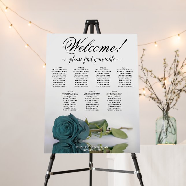 Welcome! 7 Table Teal Rose Wedding Seating Chart Foam Board (In Situ (Stand))