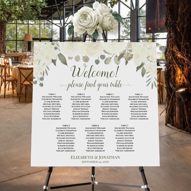 Welcome! 7 Table White Roses Boho Seating Chart Foam Board (In Situ on Stand at Reception)