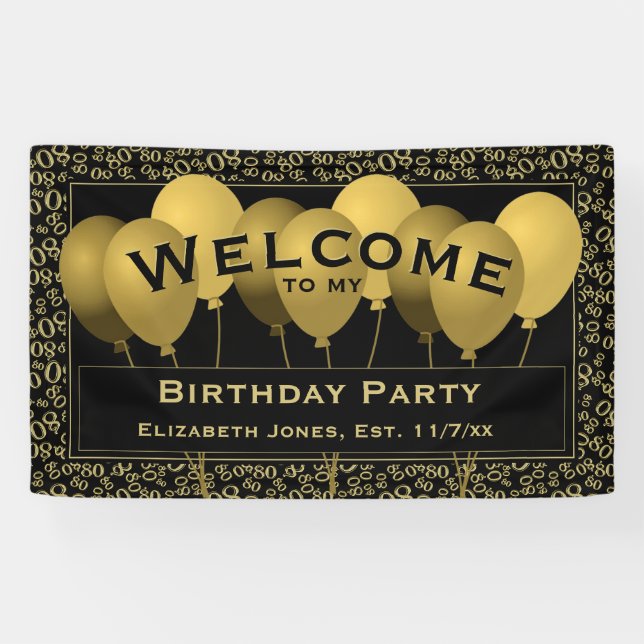 Welcome 80th Birthday Number Pattern | Black/Gold Banner (Horizontal)