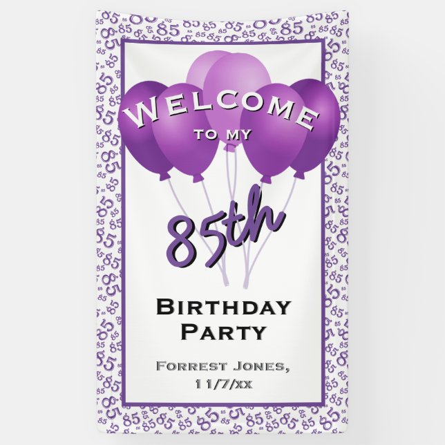 Welcome 85th Birthday Number Patten Purple/White Banner (Vertical)
