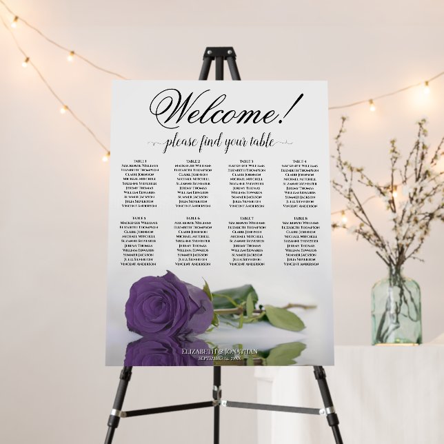 Welcome! 8 Table Amethyst Rose Seating Chart Foam Board (In Situ (Stand))