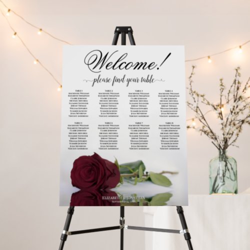 Welcome 8 Table Burgundy Rose Seating Chart Foam Board