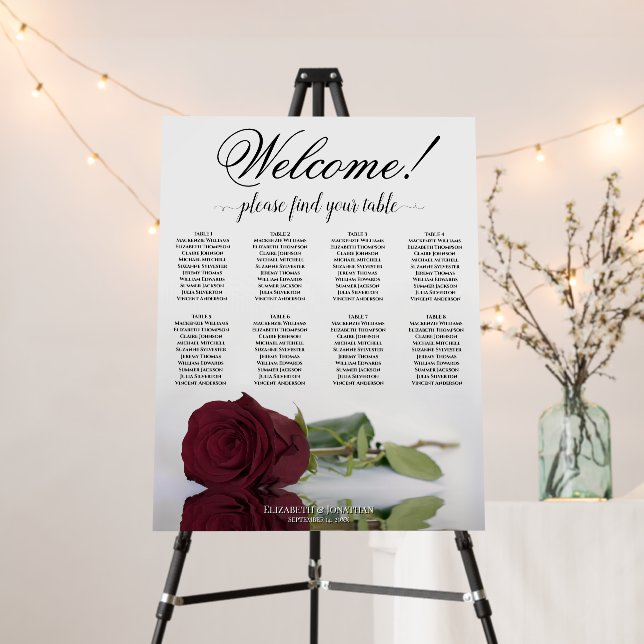 Welcome! 8 Table Burgundy Rose Seating Chart Foam Board (In Situ (Stand))