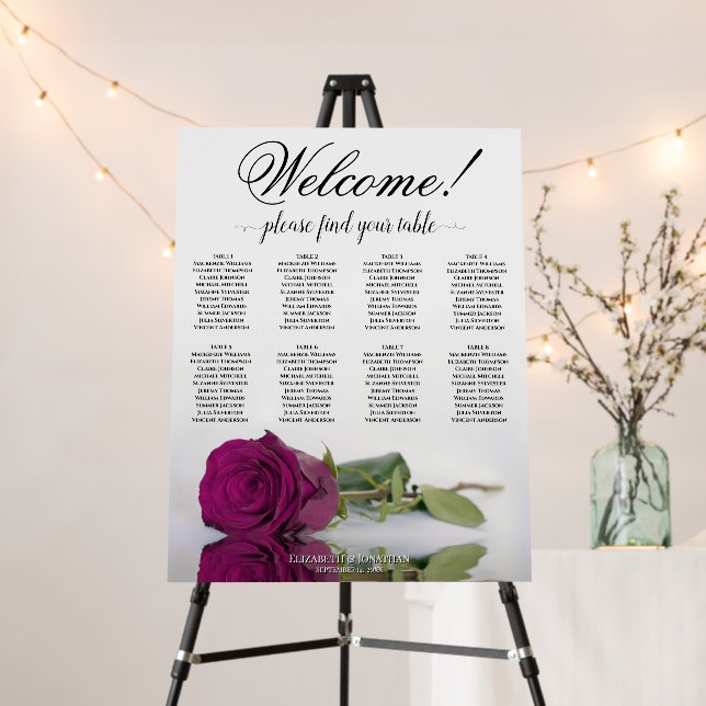 Welcome! 8 Table Cassis Magenta Rose Seating Chart Foam Board (In Situ (Stand))