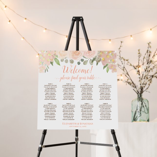 Welcome! 8 Table Coral Peach Floral Seating Chart Foam Board (In Situ (Stand))