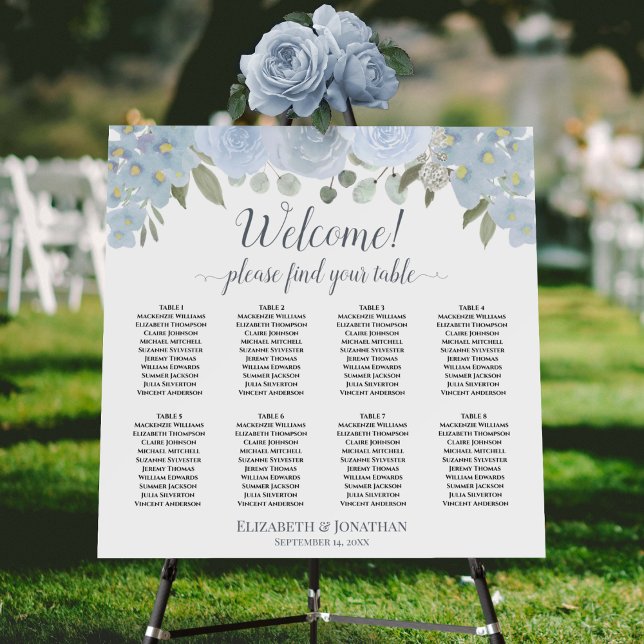 Welcome! 8 Table Dusty Blue Floral Seating Chart Foam Board (In Situ on Stand with Flowers)