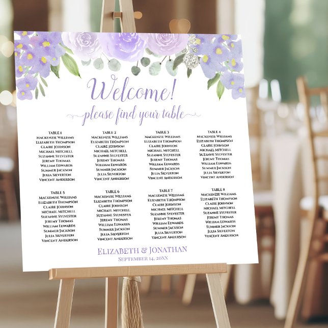 Welcome! 8 Table Lavender Floral Seating Chart Foam Board (On Stand at Reception)