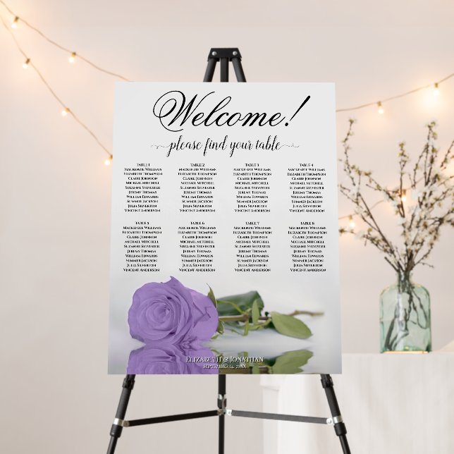 Welcome 8 Table Lavender Purple Rose Seating Chart Foam Board (In Situ (Stand))