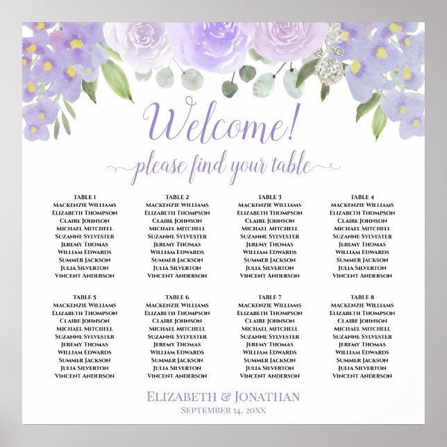 Welcome! 8 Table Lavender Roses Boho Seating Chart (Front)