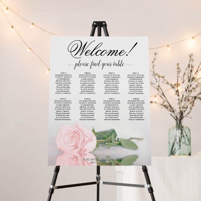 Welcome! 8 Table Pink Rose Wedding Seating Chart Foam Board (In Situ (Stand))