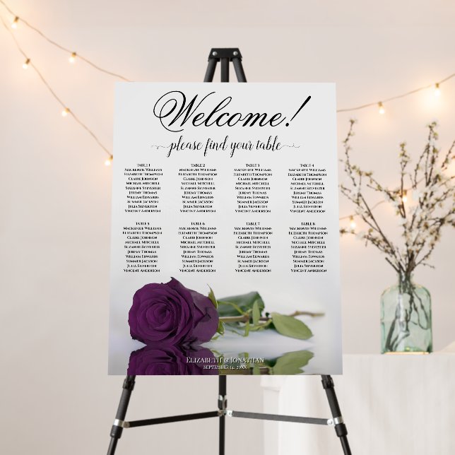Welcome! 8 Table Plum Purple Rose Seating Chart Foam Board (In Situ (Stand))