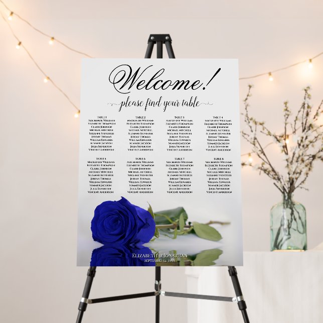 Welcome! 8 Table Royal Blue Rose Seating Chart Foam Board (In Situ (Stand))