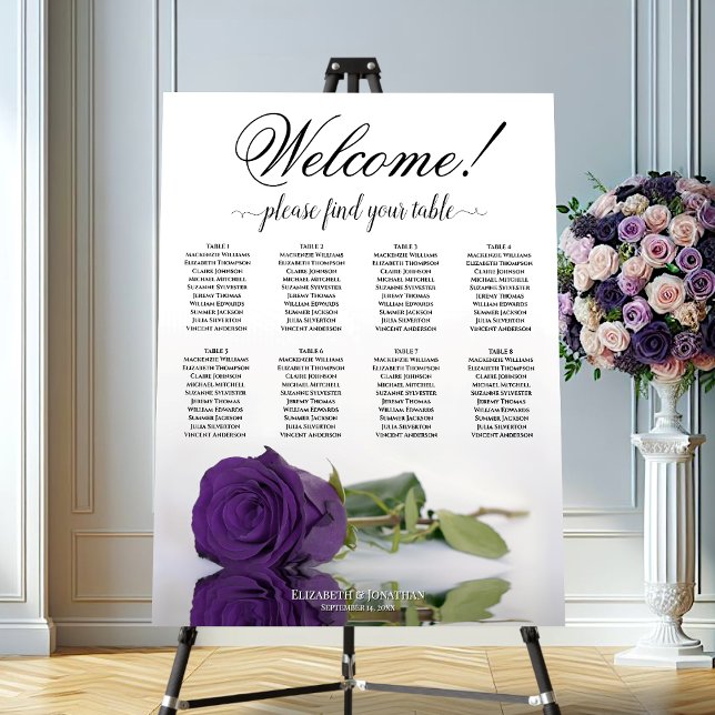 Welcome! 8 Table Royal Purple Rose Seating Chart Foam Board (On Stand)