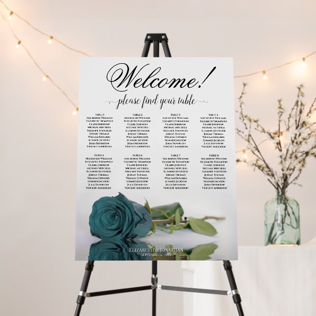 Welcome! 8 Table Teal Rose Wedding Seating Chart Foam Board (In Situ (Stand))