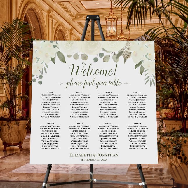 Welcome! 8 Table White Floral Boho Seating Chart Foam Board (In Situ on Stand at Venue)