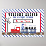 Welcome Aboard 5th Birthday Express Train Poster<br><div class="desc">Modern,  fun steam locomotive choo choo train striped "Welcome Aboard the Birthday Express" birthday party design which can be modified for any age child.  The design is complimented with a red frame and a blue and white striped background.  Original design by Holiday Hearts Designs (all rights reserved).</div>