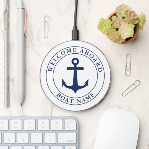 Welcome Aboard Anchor White Navy Blue Nautical Wireless Charger