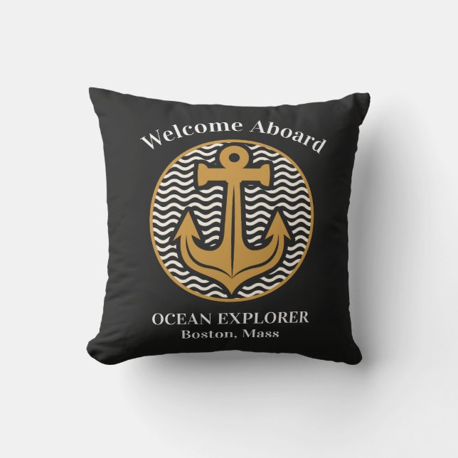 Welcome Aboard Any Boats Name Anchor Black Outdoor Pillow (Front)