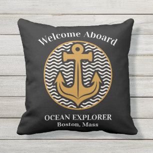 Welcome Aboard Any Boats Name Anchor Black Outdoor Pillow