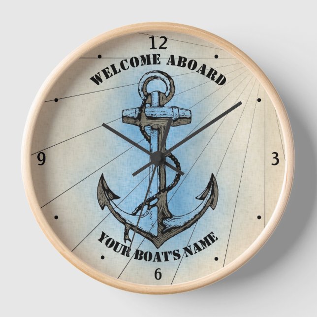 Welcome Aboard Any Boat's Name Chart Anchor  Clock (Front)