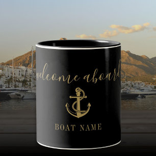 Welcome Aboard Black And Gold Anchor Boat Name Two-Tone Coffee Mug